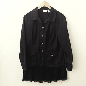 CHICO'S | Black Lace Hem Embroidered Jacket Button Lightweight | Size 2, Large